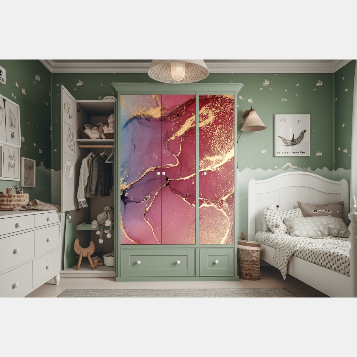 Naklejka na szafę abstrakcyjne marmurowe tło w odcieniach turkusu i fioletu ze złotem – Wallissimo® Naklejka na szafę abstrakcyjne marmurowe tło w odcieniach turkusu i fioletu ze złotem – Wallissimo®