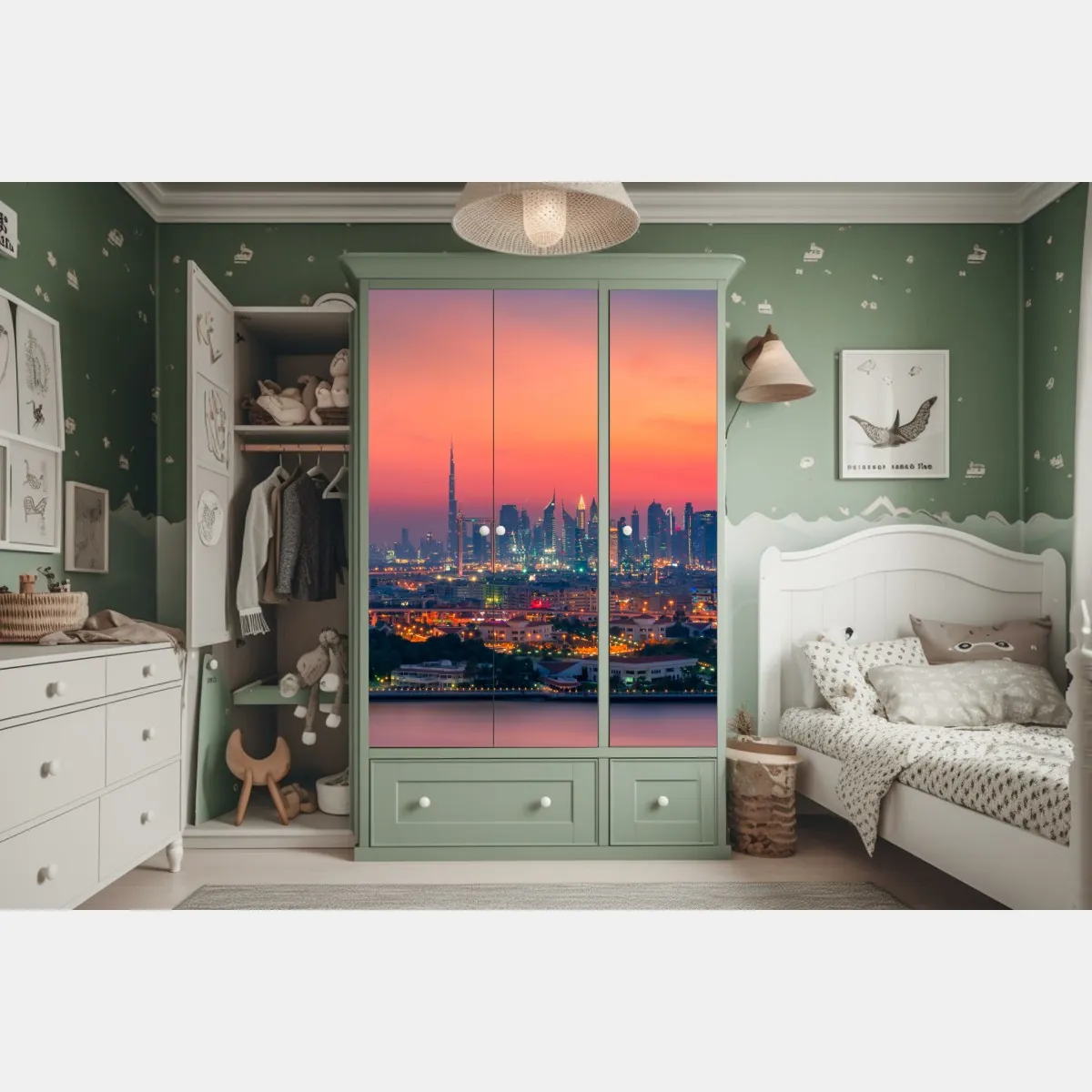 Naklejka na szafę panorama Dubaju o zachodzie słońca – Wallissimo® Naklejka na szafę panorama Dubaju o zachodzie słońca – Wallissimo®