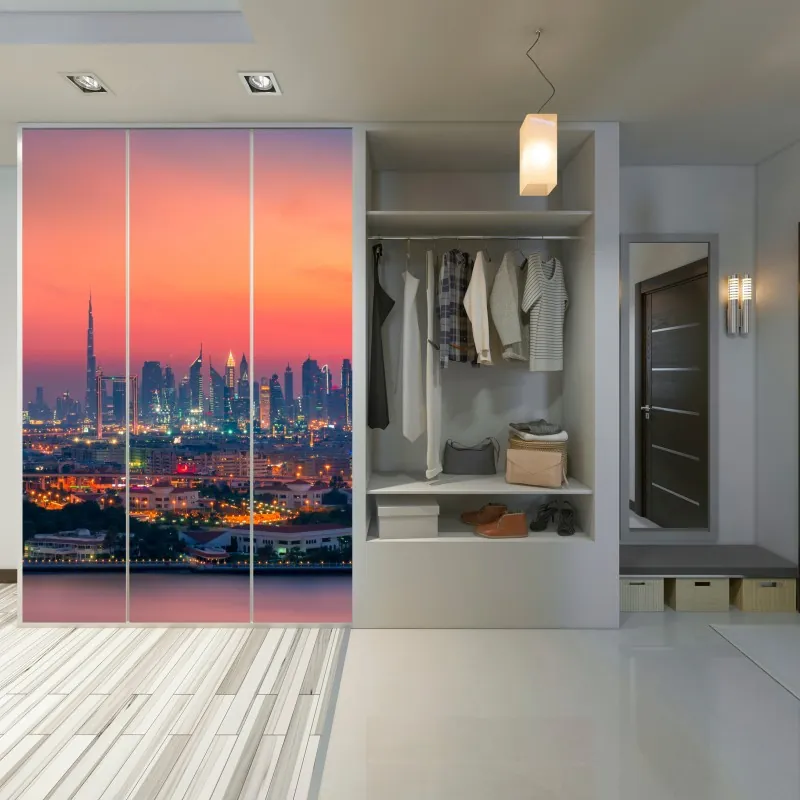 Naklejka na szafę panorama Dubaju o zachodzie słońca – Wallissimo® Naklejka na szafę panorama Dubaju o zachodzie słońca – Wallissimo®