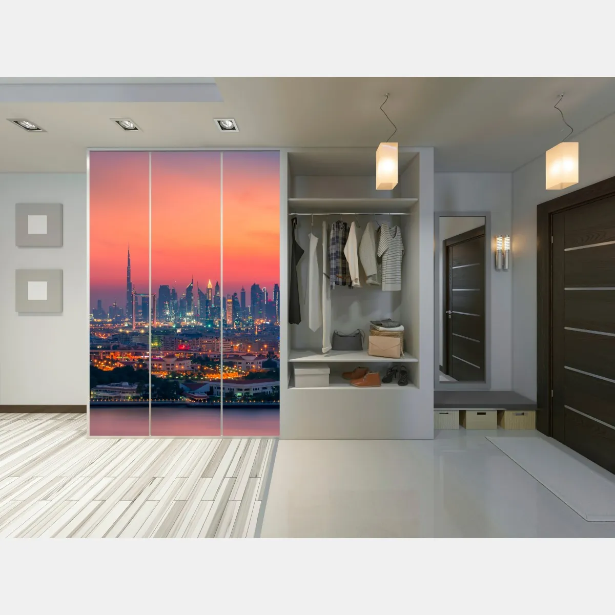 Naklejka na szafę panorama Dubaju o zachodzie słońca – Wallissimo® Naklejka na szafę panorama Dubaju o zachodzie słońca – Wallissimo®