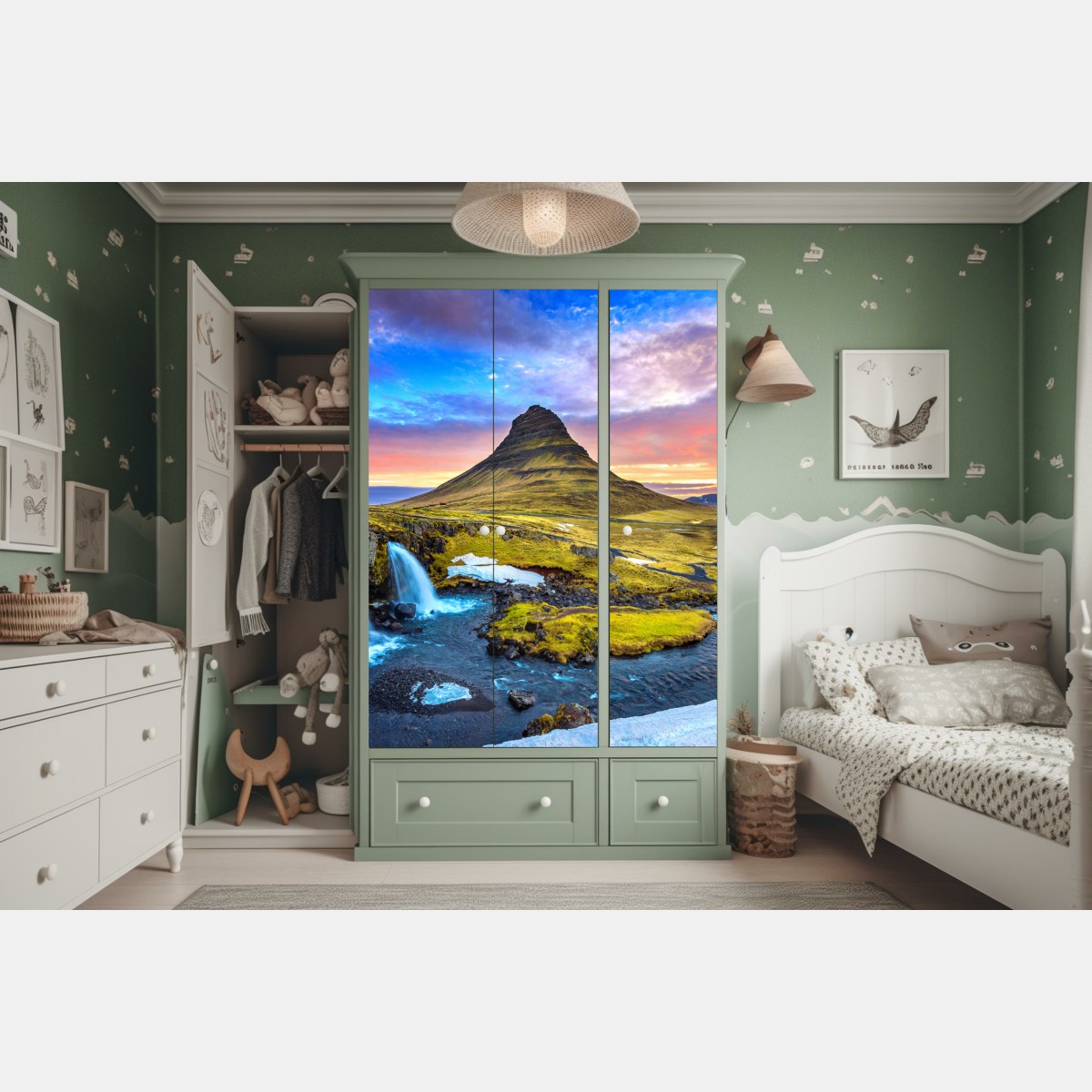 Naklejka na szafę Kirkjufell wschód słońca górski pejzaż – Wallissimo® Naklejka na szafę Kirkjufell wschód słońca górski pejzaż – Wallissimo®