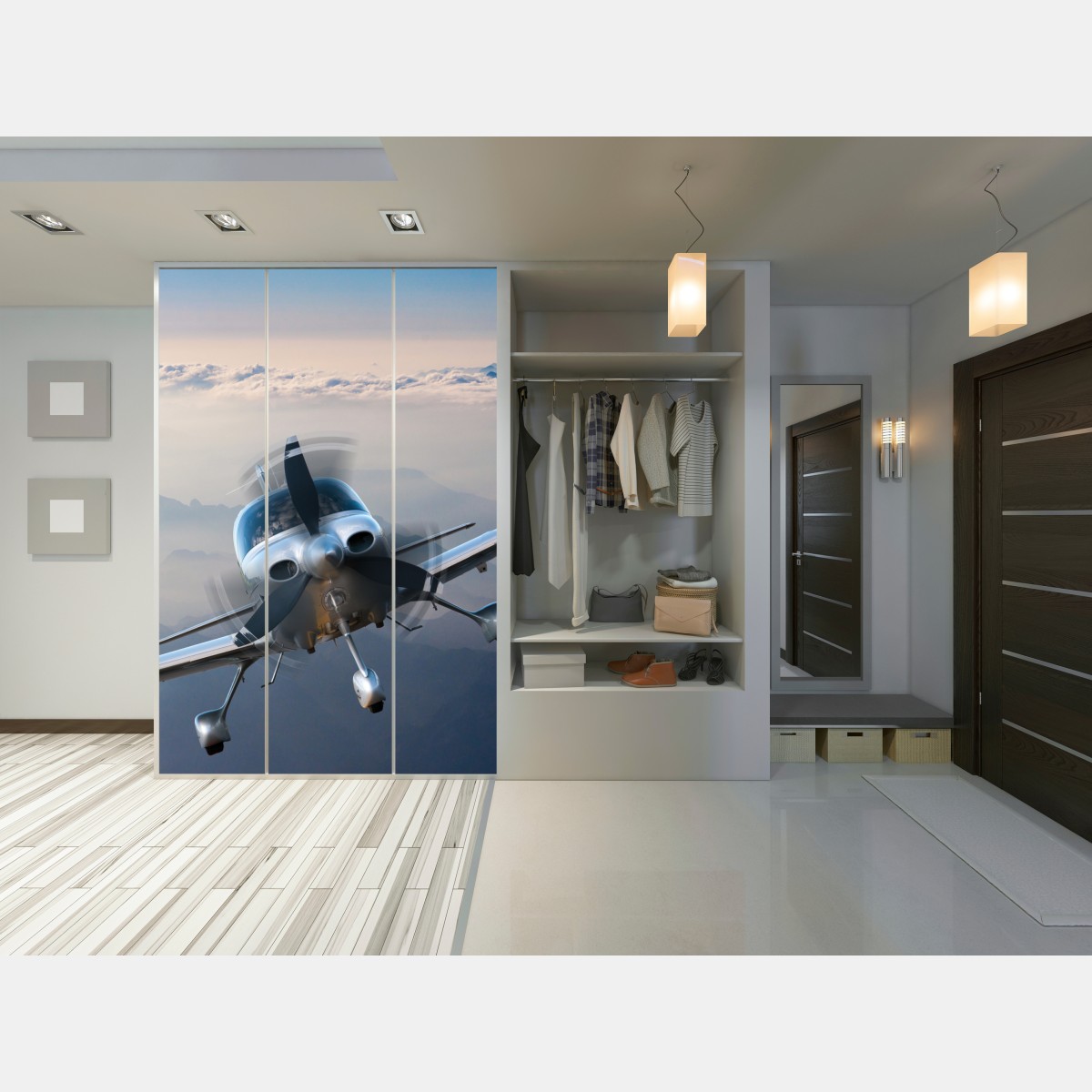 Naklejka na szafę srebrny samolot śmigłowy nad mglistymi górami – Wallissimo® Naklejka na szafę srebrny samolot śmigłowy nad mglistymi górami – Wallissimo®