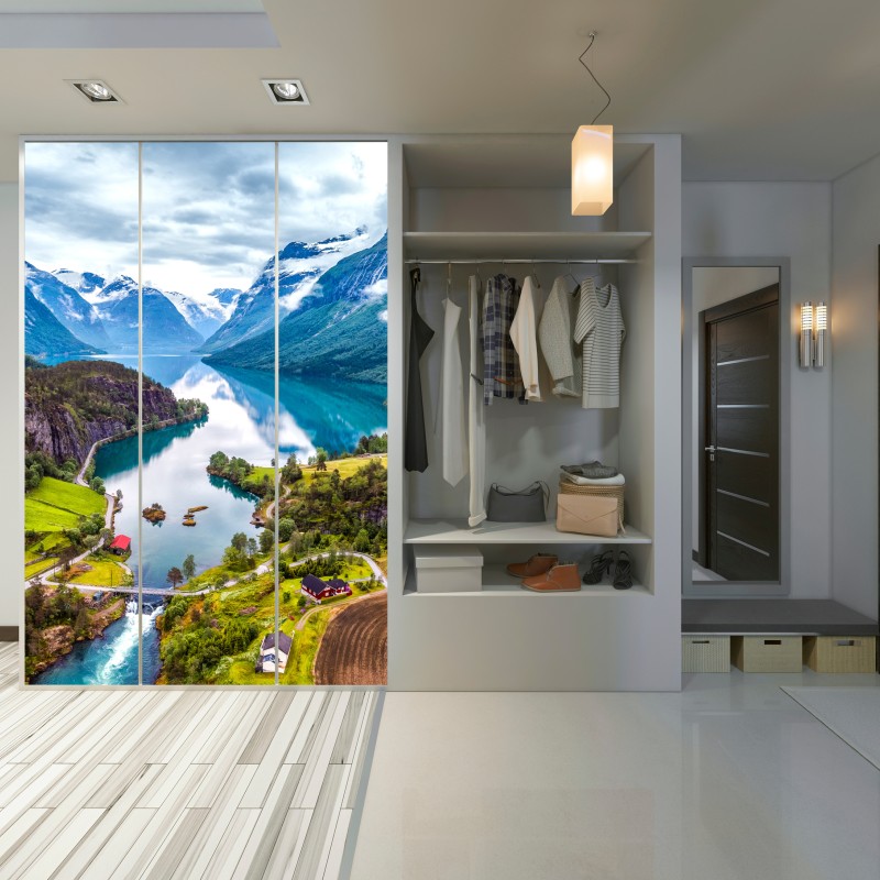 Naklejka na szafę Norwegia fjord z lotu ptaka – Wallissimo® Naklejka na szafę Norwegia fjord z lotu ptaka – Wallissimo®