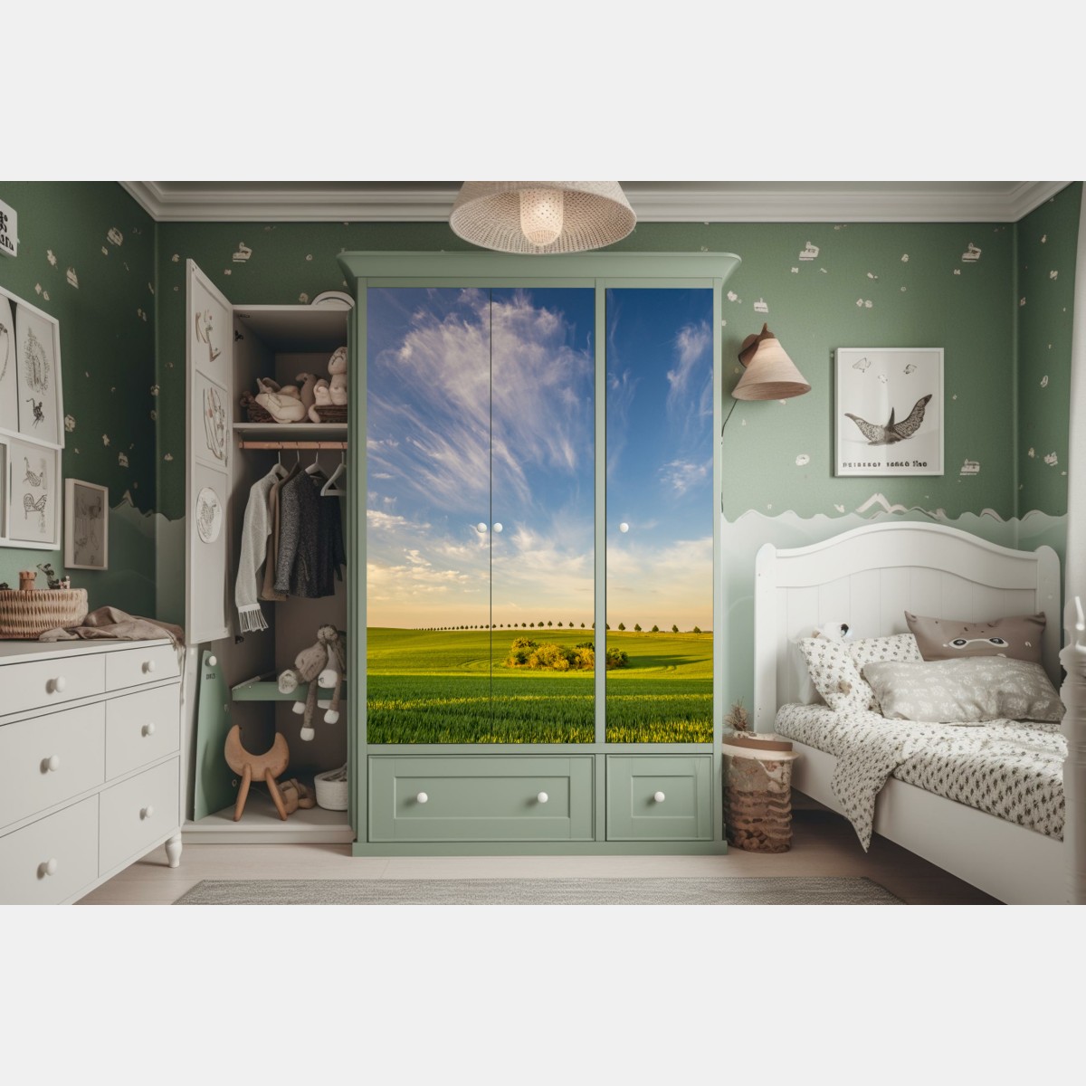 Naklejka na szafę zielona łąka z rzędami młodych drzew – Wallissimo® Naklejka na szafę zielona łąka z rzędami młodych drzew – Wallissimo®
