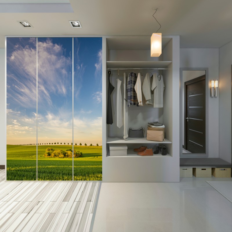 Naklejka na szafę zielona łąka z rzędami młodych drzew – Wallissimo® Naklejka na szafę zielona łąka z rzędami młodych drzew – Wallissimo®