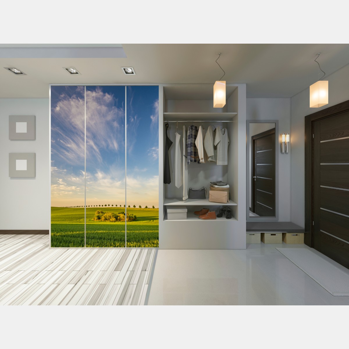 Naklejka na szafę zielona łąka z rzędami młodych drzew – Wallissimo® Naklejka na szafę zielona łąka z rzędami młodych drzew – Wallissimo®