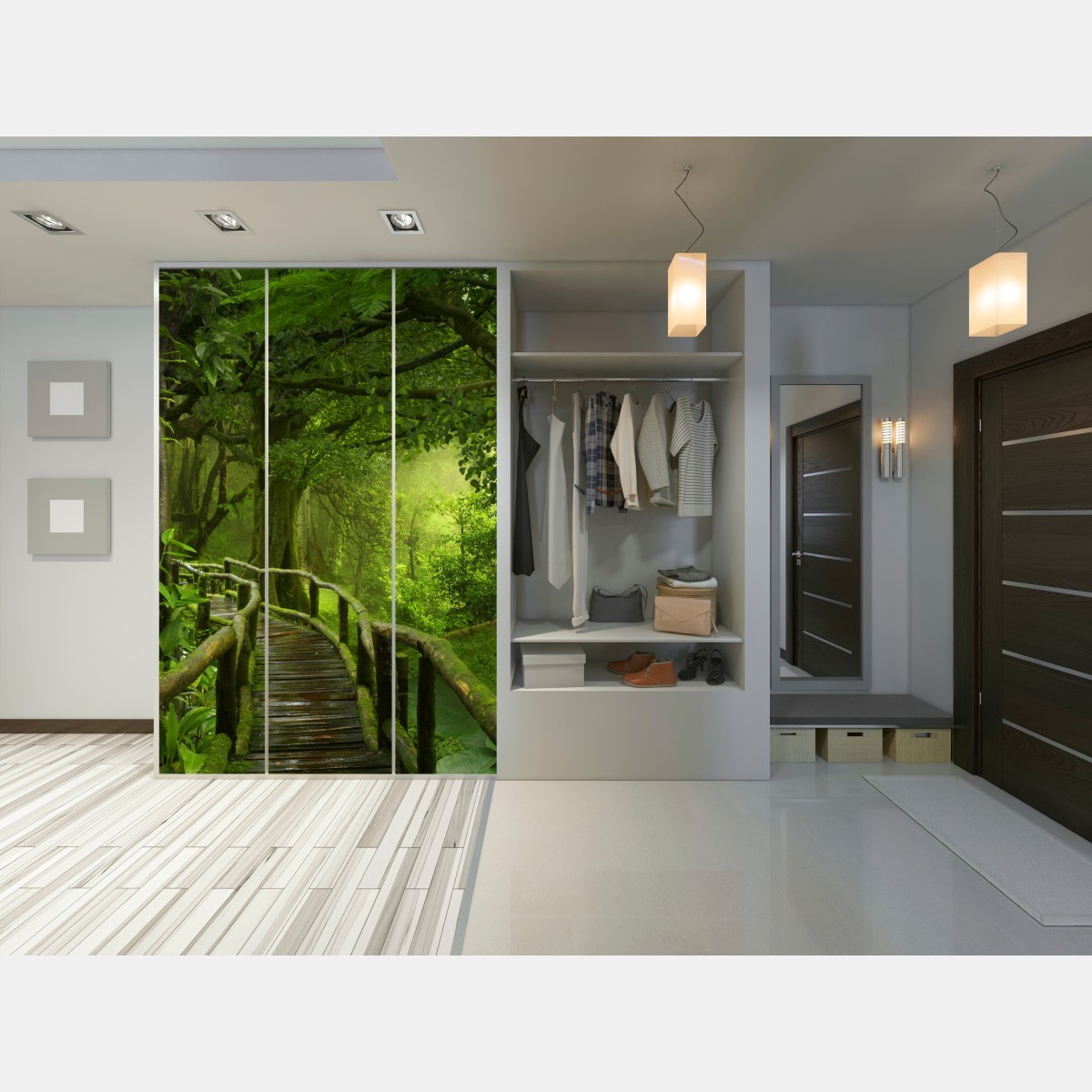 Naklejka na szafę mglista kładka w tropikalnej dżungli – Wallissimo® Naklejka na szafę mglista kładka w tropikalnej dżungli – Wallissimo®