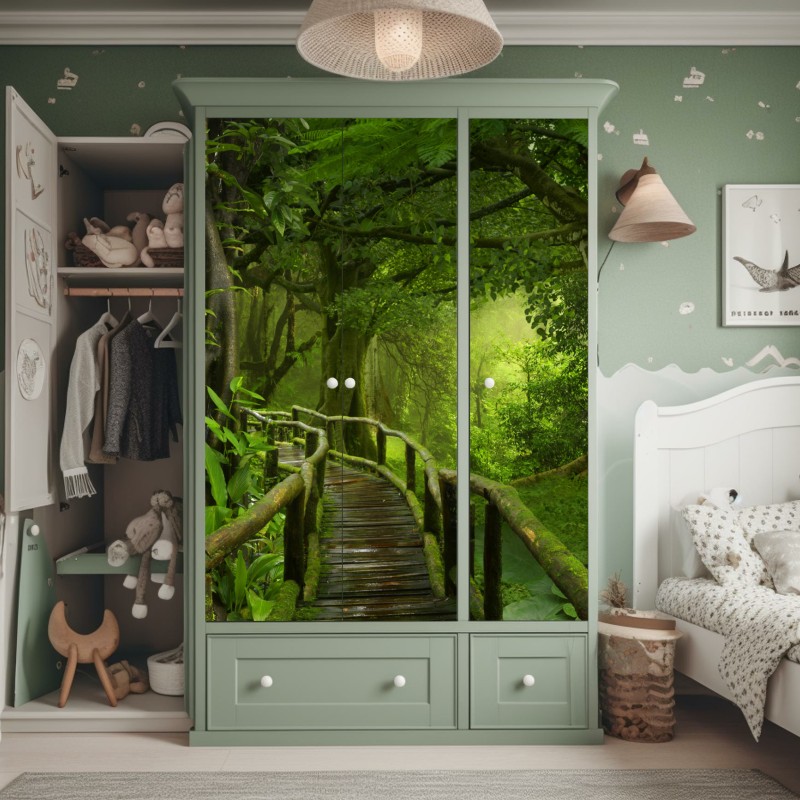 Naklejka na szafę mglista kładka w tropikalnej dżungli – Wallissimo® Naklejka na szafę mglista kładka w tropikalnej dżungli – Wallissimo®