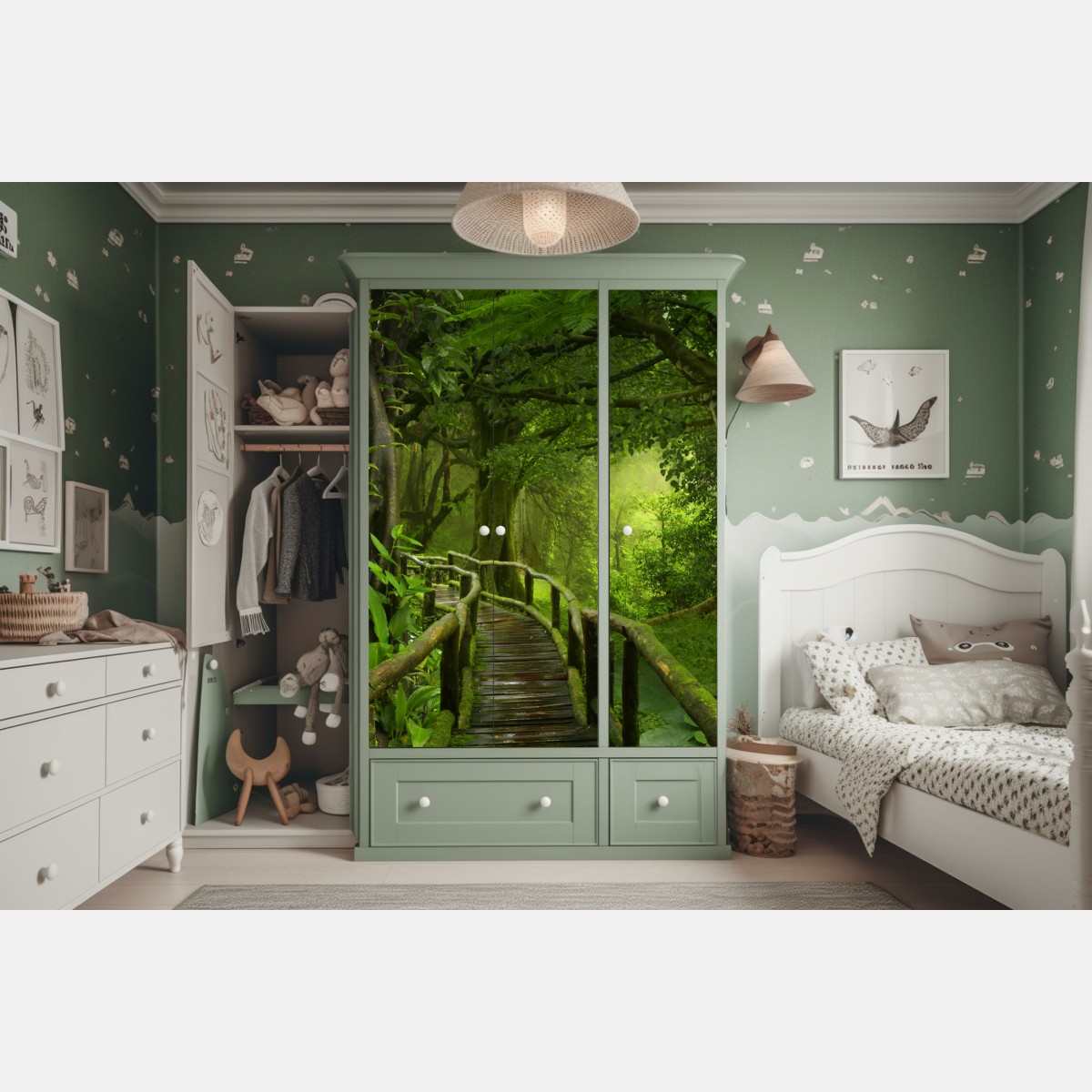 Naklejka na szafę mglista kładka w tropikalnej dżungli – Wallissimo® Naklejka na szafę mglista kładka w tropikalnej dżungli – Wallissimo®