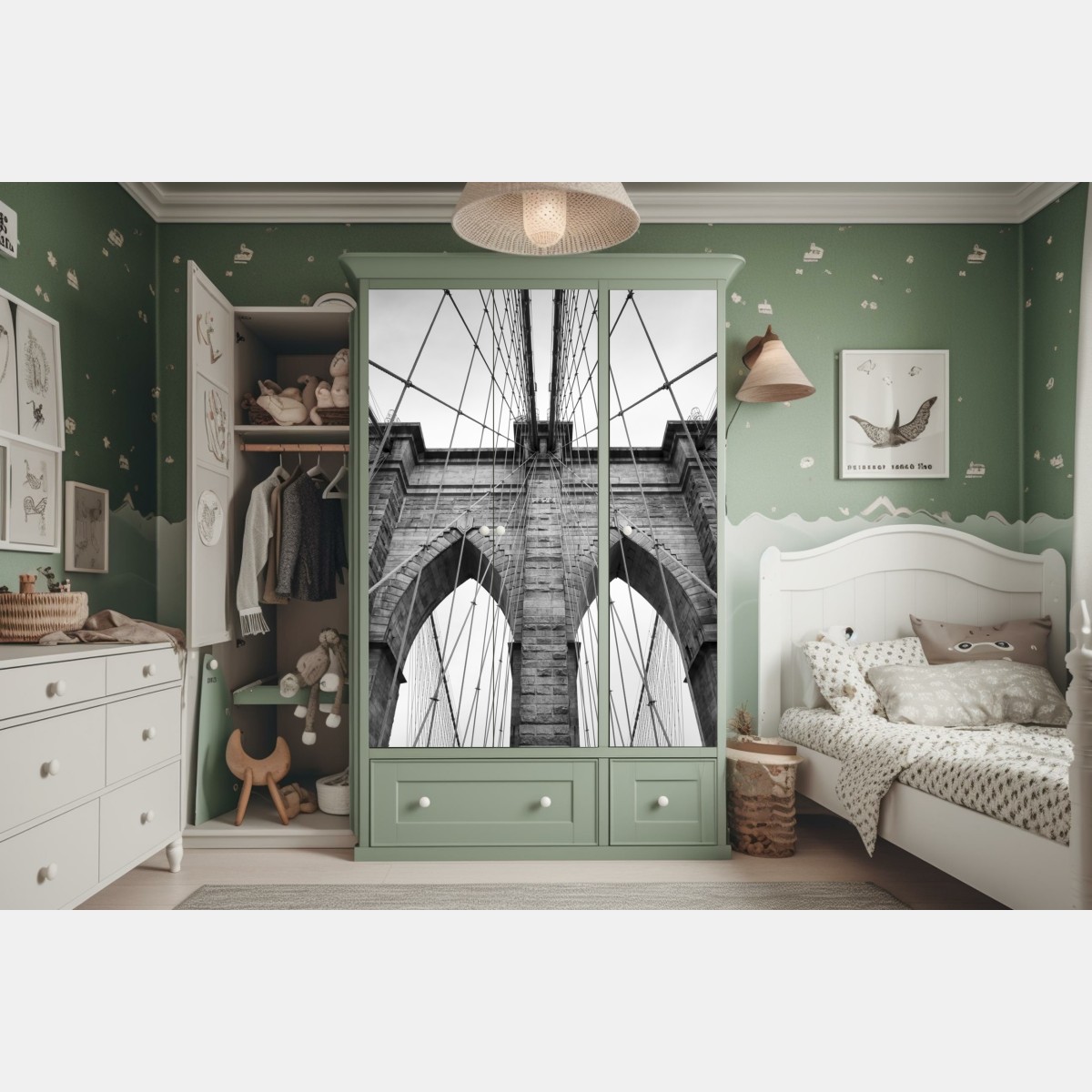 Naklejka na szafę monochromatyczny most wiszący w perspektywie – Wallissimo® Naklejka na szafę monochromatyczny most wiszący w perspektywie – Wallissimo®