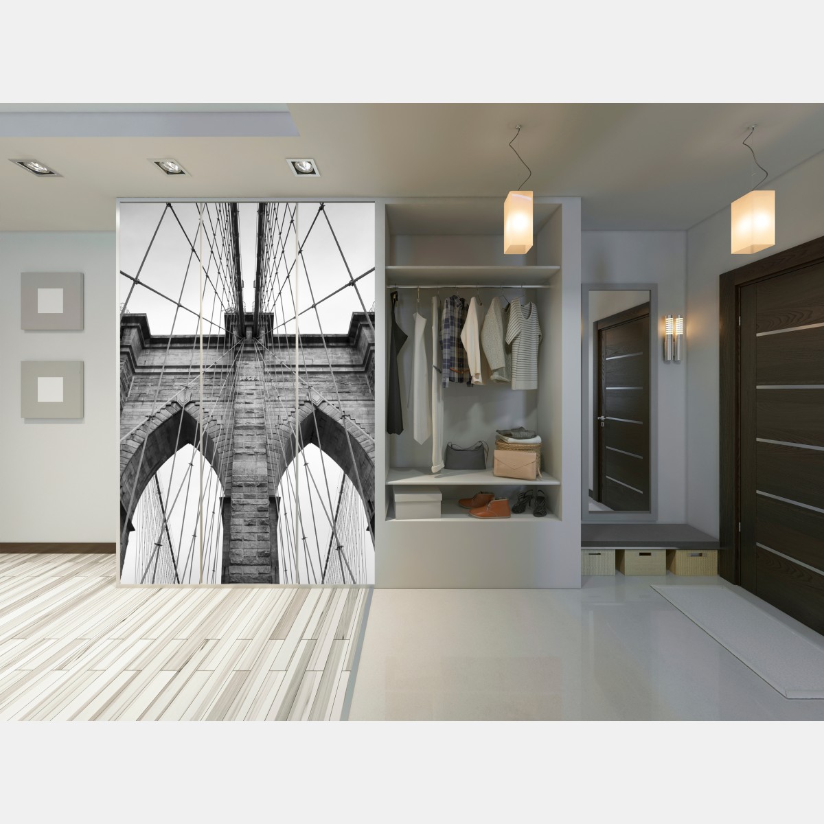 Naklejka na szafę monochromatyczny most wiszący w perspektywie – Wallissimo® Naklejka na szafę monochromatyczny most wiszący w perspektywie – Wallissimo®