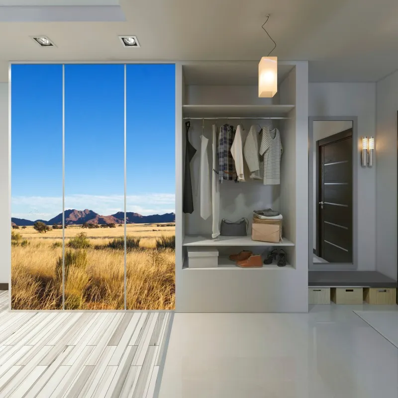 Naklejka na szafę spokojny krajobraz sawanny pod bezchmurnym niebem – Wallissimo® Naklejka na szafę spokojny krajobraz sawanny pod bezchmurnym niebem – Wallissimo®