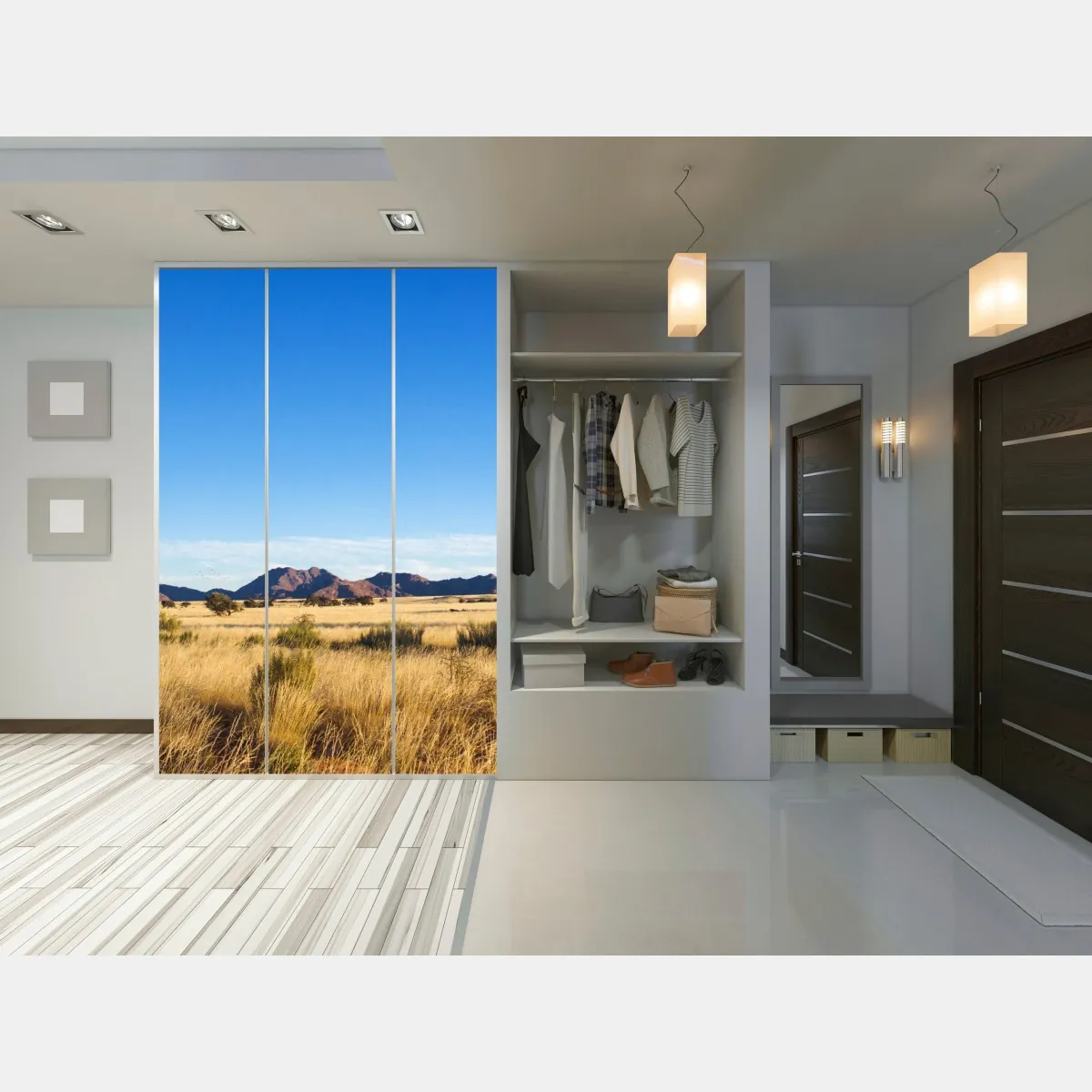 Naklejka na szafę spokojny krajobraz sawanny pod bezchmurnym niebem – Wallissimo® Naklejka na szafę spokojny krajobraz sawanny pod bezchmurnym niebem – Wallissimo®