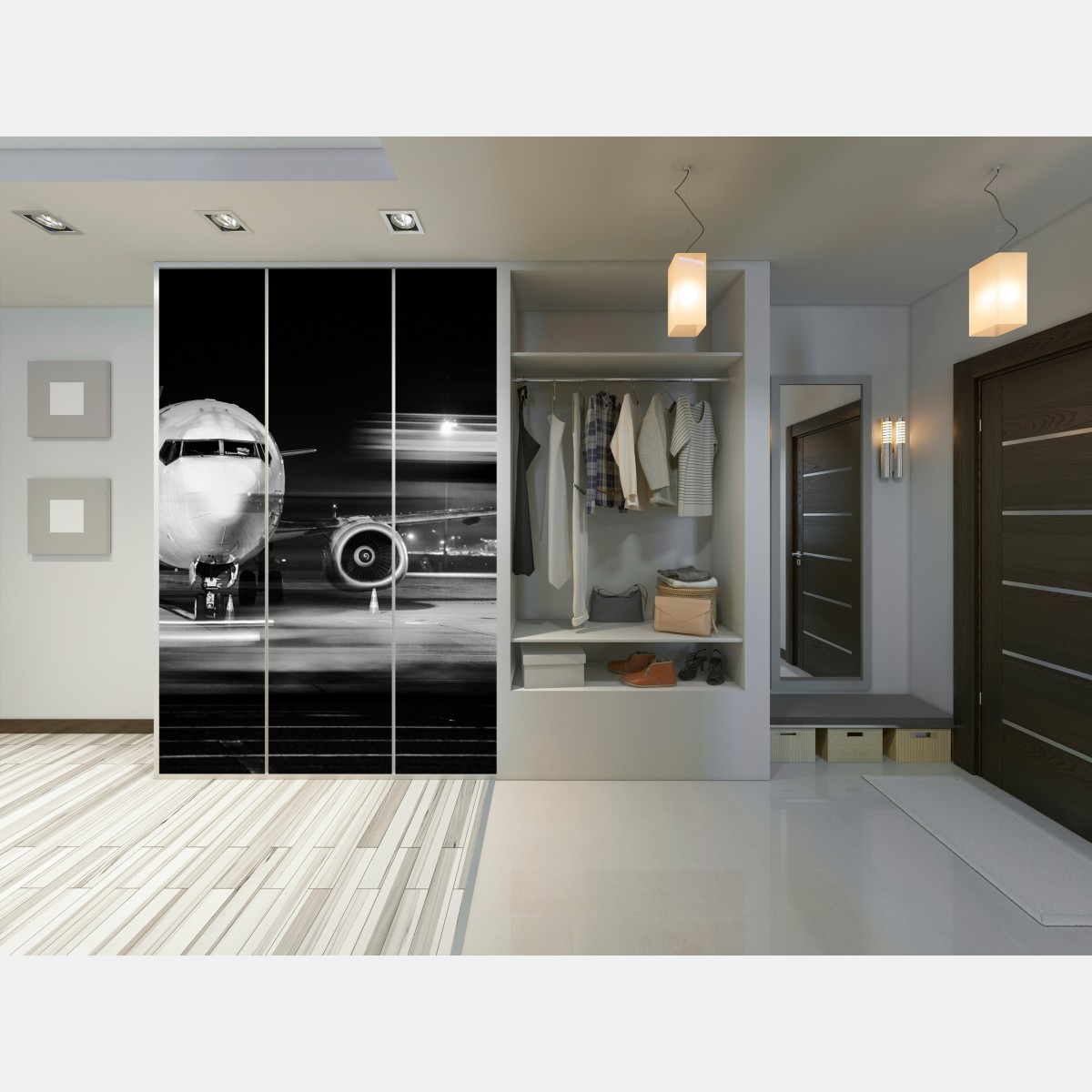 Naklejka na szafę monochromatyczny odrzutowiec na płycie lotniska nocą – Wallissimo® Naklejka na szafę monochromatyczny odrzutowiec na płycie lotniska nocą – Wallissimo®