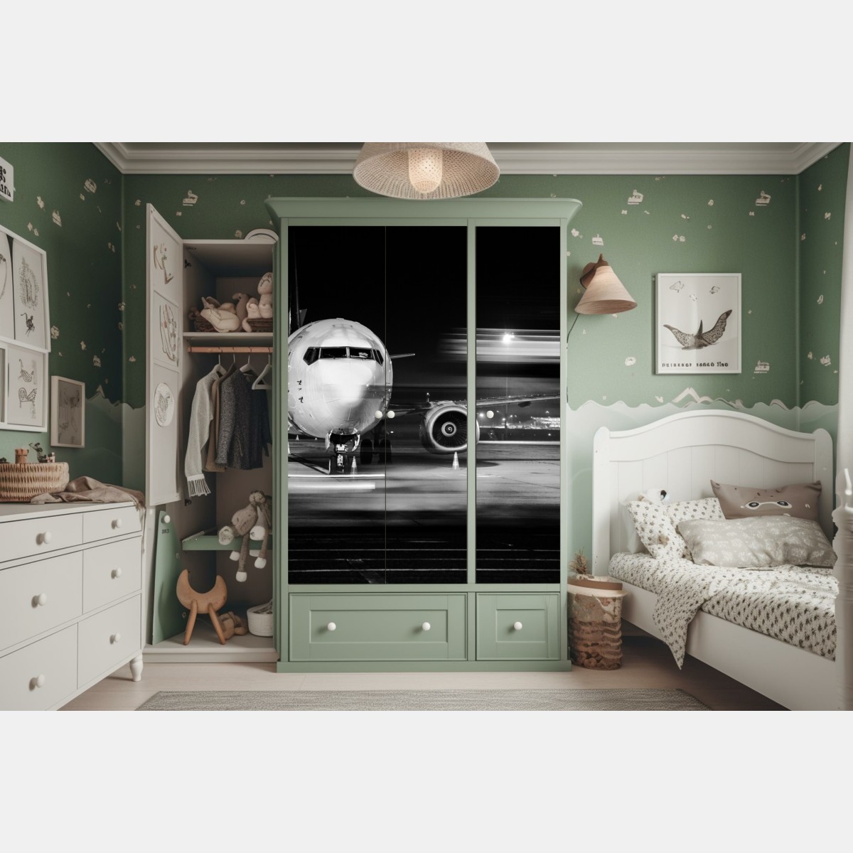 Naklejka na szafę monochromatyczny odrzutowiec na płycie lotniska nocą – Wallissimo® Naklejka na szafę monochromatyczny odrzutowiec na płycie lotniska nocą – Wallissimo®