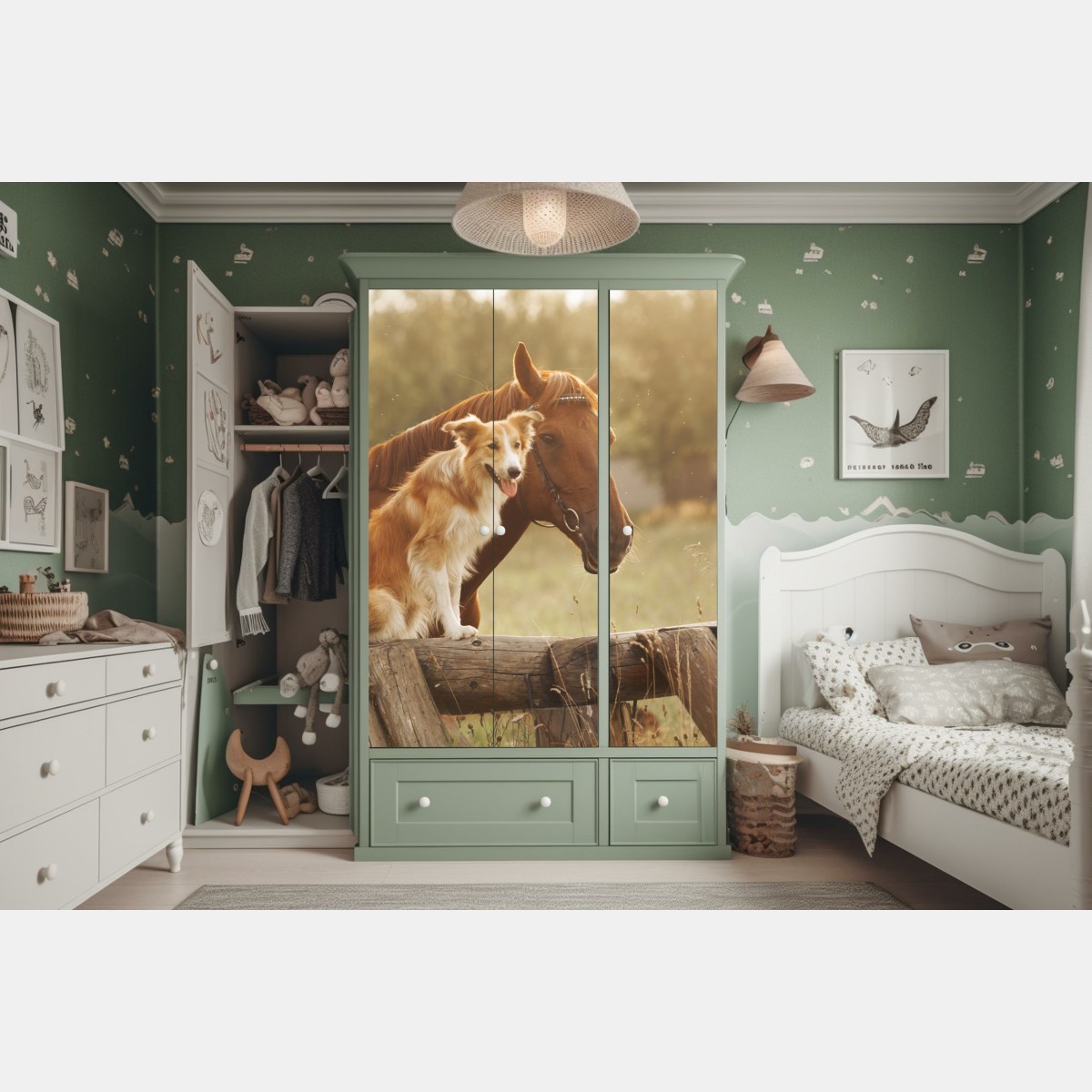 Naklejka na szafę słoneczni towarzysze: pies i koń – Wallissimo® Naklejka na szafę słoneczni towarzysze: pies i koń – Wallissimo®