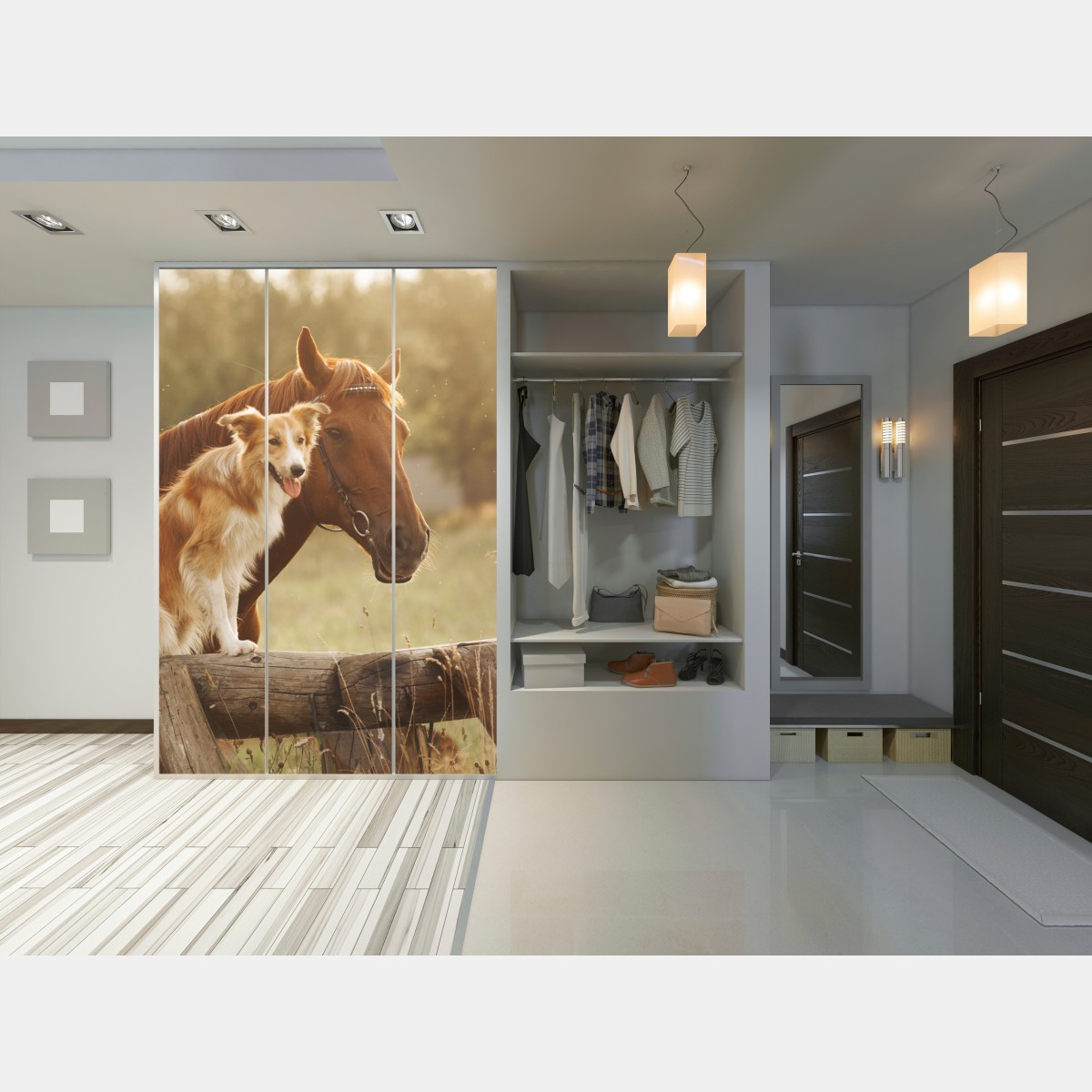 Naklejka na szafę słoneczni towarzysze: pies i koń – Wallissimo® Naklejka na szafę słoneczni towarzysze: pies i koń – Wallissimo®