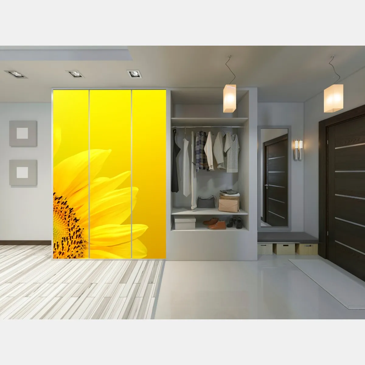 Naklejka na szafę żywy słonecznik z bliska na żółtym tle – Wallissimo® Naklejka na szafę żywy słonecznik z bliska na żółtym tle – Wallissimo®