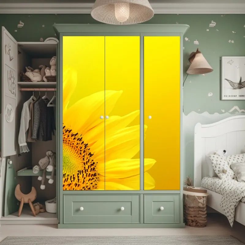 Naklejka na szafę żywy słonecznik z bliska na żółtym tle – Wallissimo® Naklejka na szafę żywy słonecznik z bliska na żółtym tle – Wallissimo®