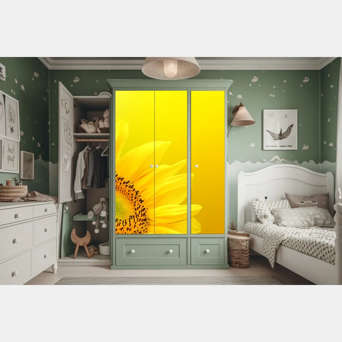 Naklejka na szafę żywy słonecznik z bliska na żółtym tle – Wallissimo® Naklejka na szafę żywy słonecznik z bliska na żółtym tle – Wallissimo®