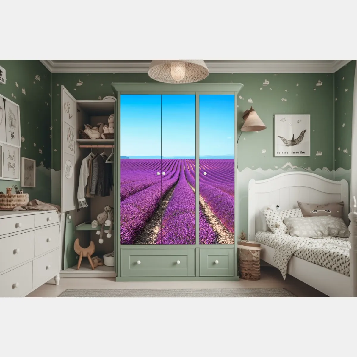 Naklejka na szafę pola lawendy pod błękitnym niebem – Wallissimo® Naklejka na szafę pola lawendy pod błękitnym niebem – Wallissimo®