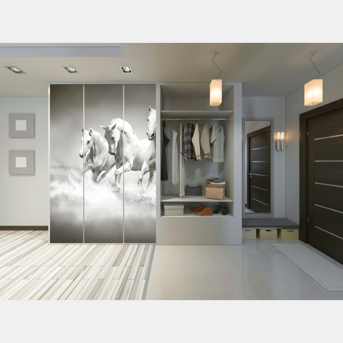 Naklejka na szafę trzy białe konie galopujące przez wodę – Wallissimo® Naklejka na szafę trzy białe konie galopujące przez wodę – Wallissimo®