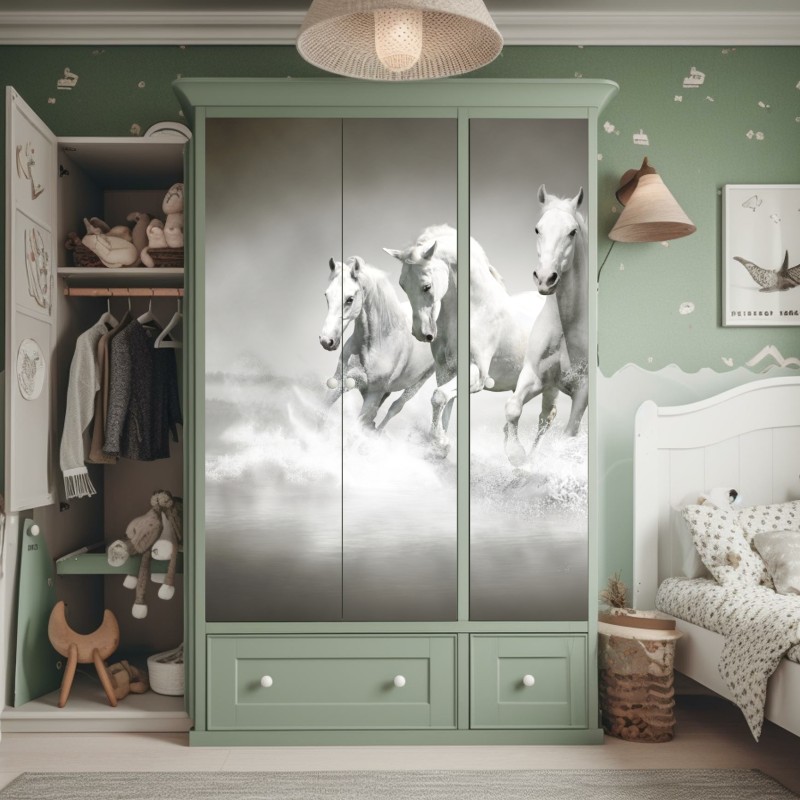 Naklejka na szafę trzy białe konie galopujące przez wodę – Wallissimo® Naklejka na szafę trzy białe konie galopujące przez wodę – Wallissimo®