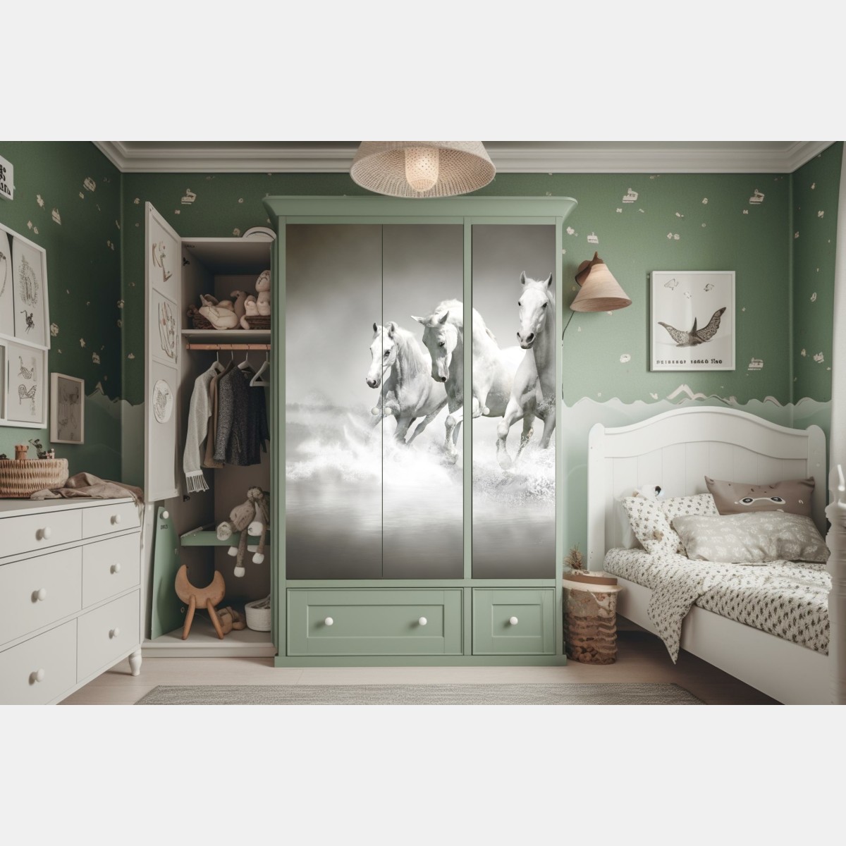 Naklejka na szafę trzy białe konie galopujące przez wodę – Wallissimo® Naklejka na szafę trzy białe konie galopujące przez wodę – Wallissimo®