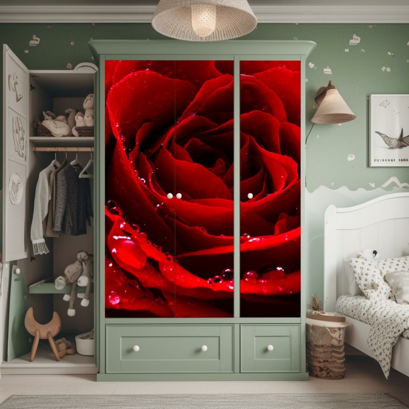 Naklejka na szafę żywa czerwona róża - zbliżenie – Wallissimo® Naklejka na szafę żywa czerwona róża - zbliżenie – Wallissimo®