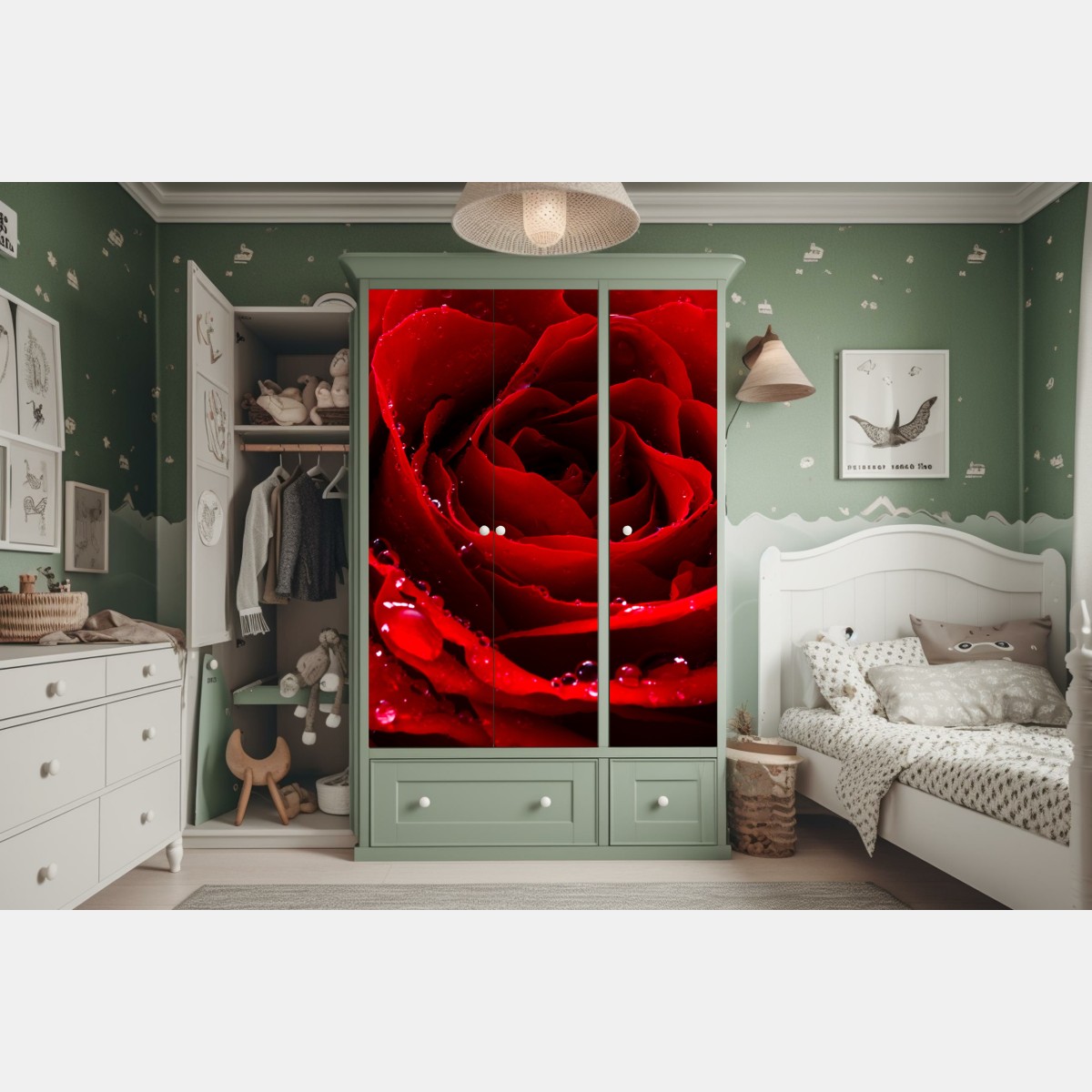 Naklejka na szafę żywa czerwona róża - zbliżenie – Wallissimo® Naklejka na szafę żywa czerwona róża - zbliżenie – Wallissimo®