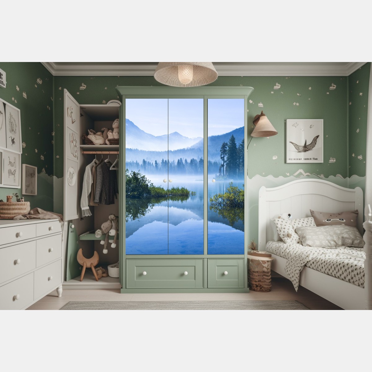 Naklejka na szafę mglista górska tafla jeziora z odbiciem – Wallissimo® Naklejka na szafę mglista górska tafla jeziora z odbiciem – Wallissimo®