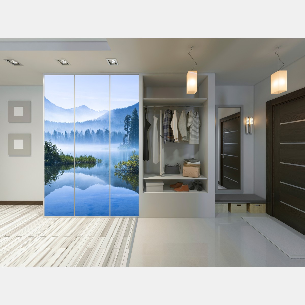 Naklejka na szafę mglista górska tafla jeziora z odbiciem – Wallissimo® Naklejka na szafę mglista górska tafla jeziora z odbiciem – Wallissimo®