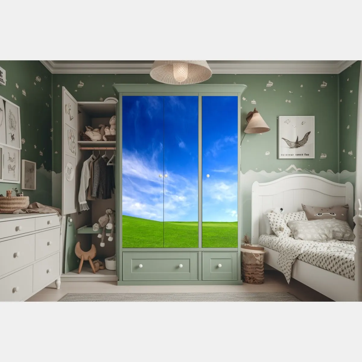 Naklejka na szafę słoneczna zielona łąka pod niebieskim niebem – Wallissimo® Naklejka na szafę słoneczna zielona łąka pod niebieskim niebem – Wallissimo®