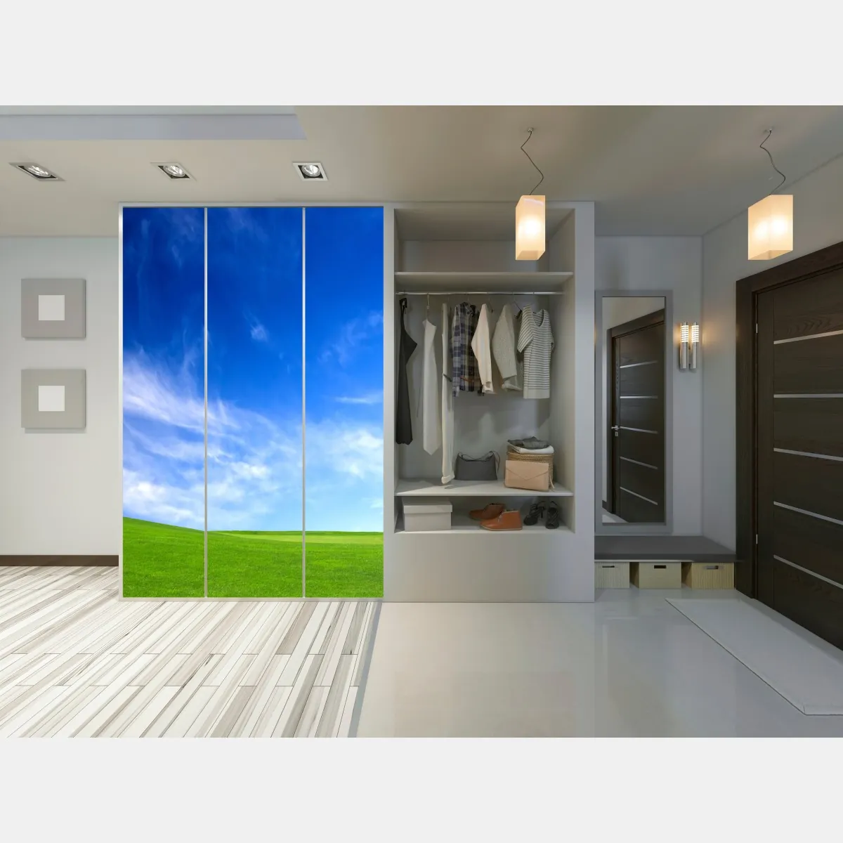 Naklejka na szafę słoneczna zielona łąka pod niebieskim niebem – Wallissimo® Naklejka na szafę słoneczna zielona łąka pod niebieskim niebem – Wallissimo®