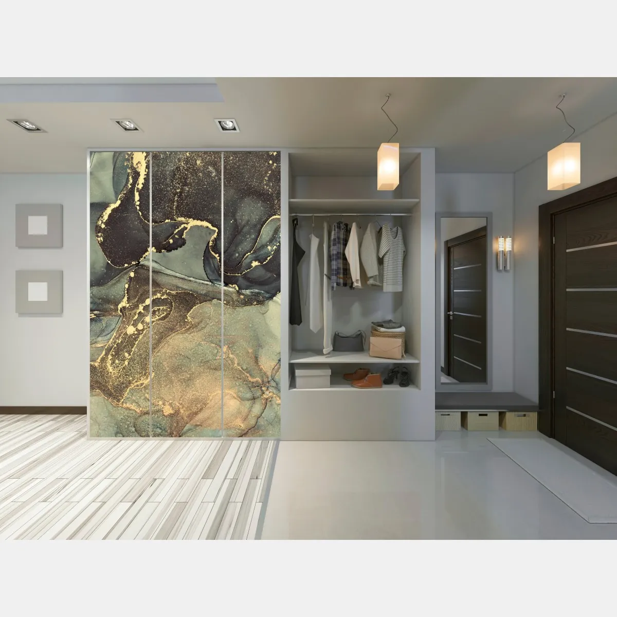 Naklejka na szafę turkusowo-złota abstrakcja płynna – Wallissimo® Naklejka na szafę turkusowo-złota abstrakcja płynna – Wallissimo®