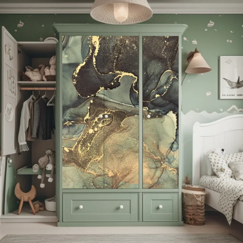 Naklejka na szafę turkusowo-złota abstrakcja płynna – Wallissimo® Naklejka na szafę turkusowo-złota abstrakcja płynna – Wallissimo®