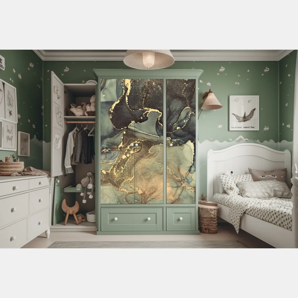 Naklejka na szafę turkusowo-złota abstrakcja płynna – Wallissimo® Naklejka na szafę turkusowo-złota abstrakcja płynna – Wallissimo®