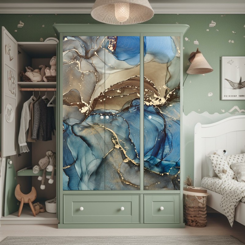 Naklejka na szafę abstrakcja w odcieniach niebieskiego i złota – Wallissimo® Naklejka na szafę abstrakcja w odcieniach niebieskiego i złota – Wallissimo®