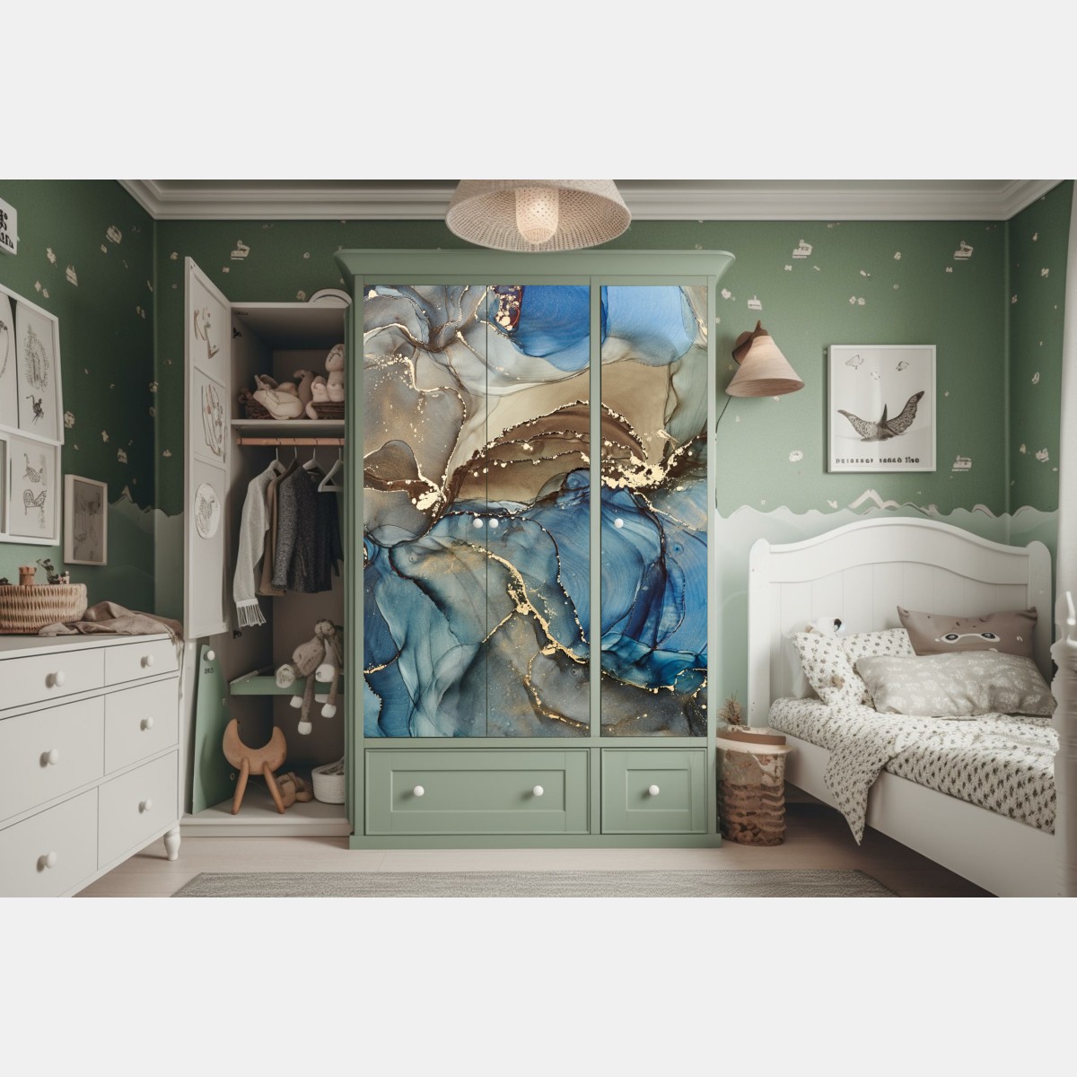 Naklejka na szafę abstrakcja w odcieniach niebieskiego i złota – Wallissimo® Naklejka na szafę abstrakcja w odcieniach niebieskiego i złota – Wallissimo®