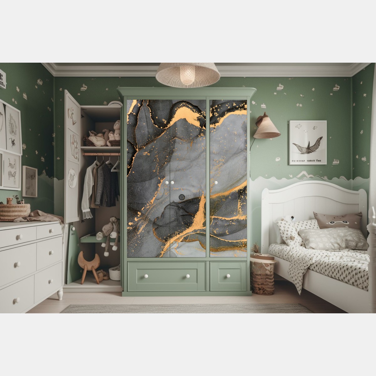 Naklejka na szafę szary marmur ze złotymi żyłkami – Wallissimo® Naklejka na szafę szary marmur ze złotymi żyłkami – Wallissimo®