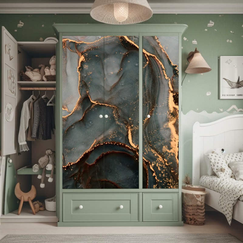 Naklejka na szafę luksusowa abstrakcja turkus z złotymi żyłami – Wallissimo® Naklejka na szafę luksusowa abstrakcja turkus z złotymi żyłami – Wallissimo®