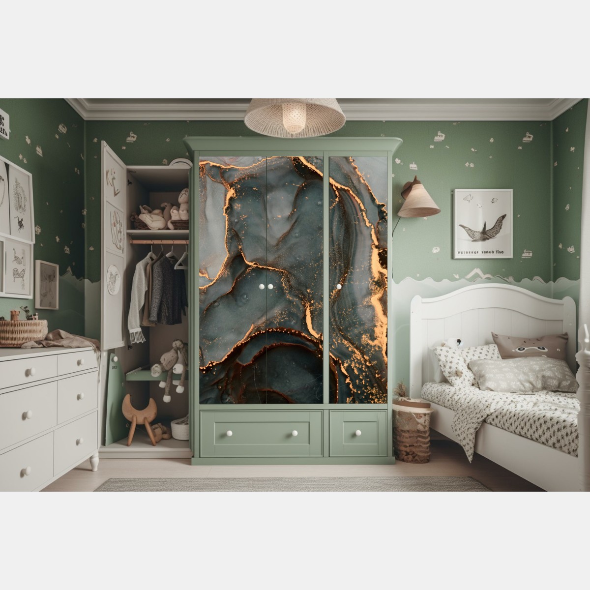 Naklejka na szafę luksusowa abstrakcja turkus z złotymi żyłami – Wallissimo® Naklejka na szafę luksusowa abstrakcja turkus z złotymi żyłami – Wallissimo®