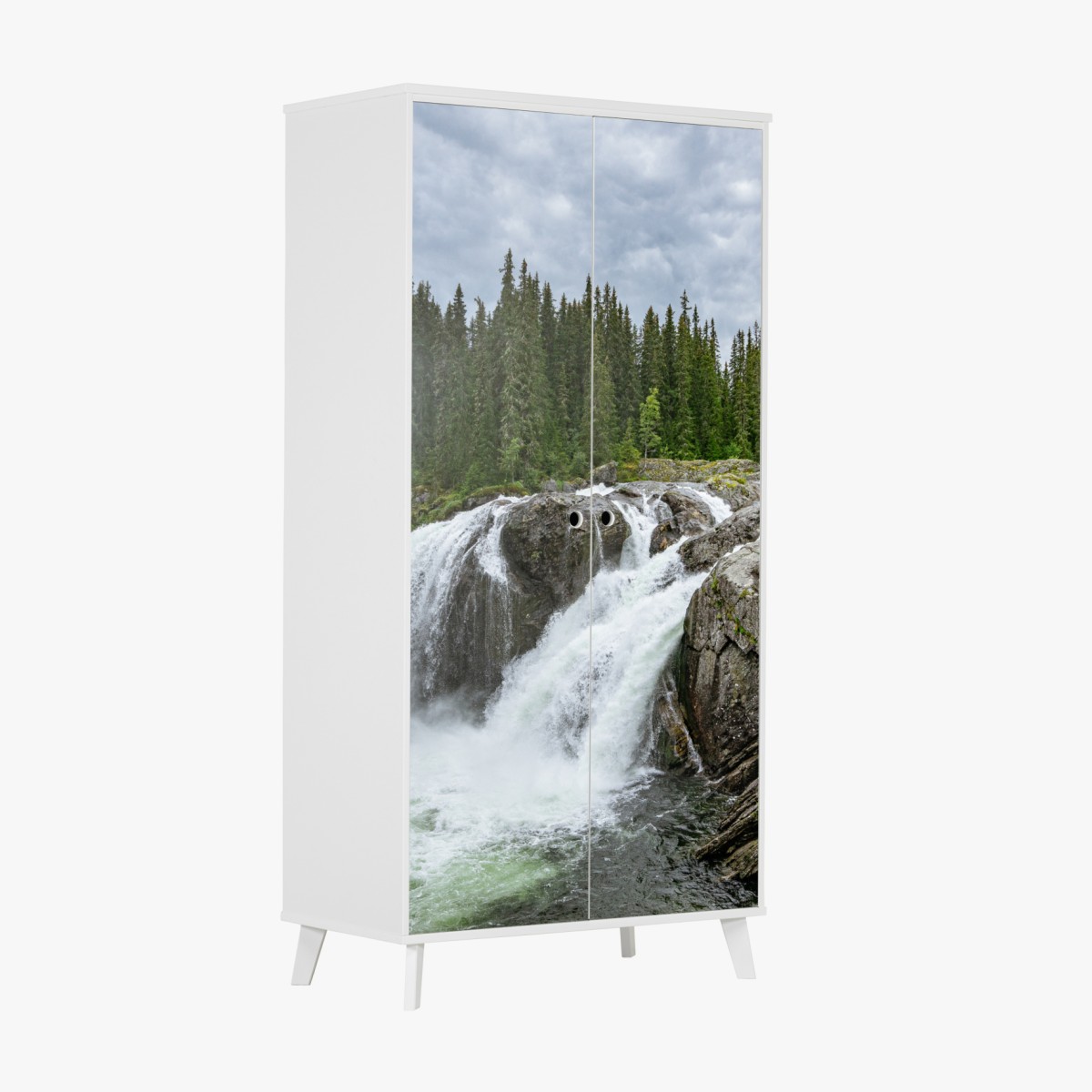 Wardrobe sticker misty waterfall in a lush pine forest
