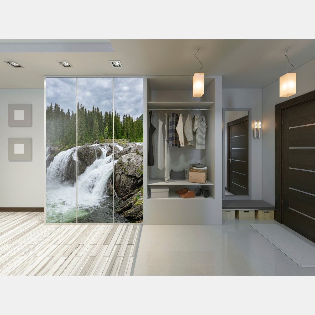 Naklejka na szafę mglisty wodospad w bujnym sosnowym lesie – Wallissimo® Naklejka na szafę mglisty wodospad w bujnym sosnowym lesie – Wallissimo®