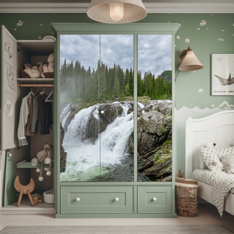 Naklejka na szafę mglisty wodospad w bujnym sosnowym lesie – Wallissimo® Naklejka na szafę mglisty wodospad w bujnym sosnowym lesie – Wallissimo®