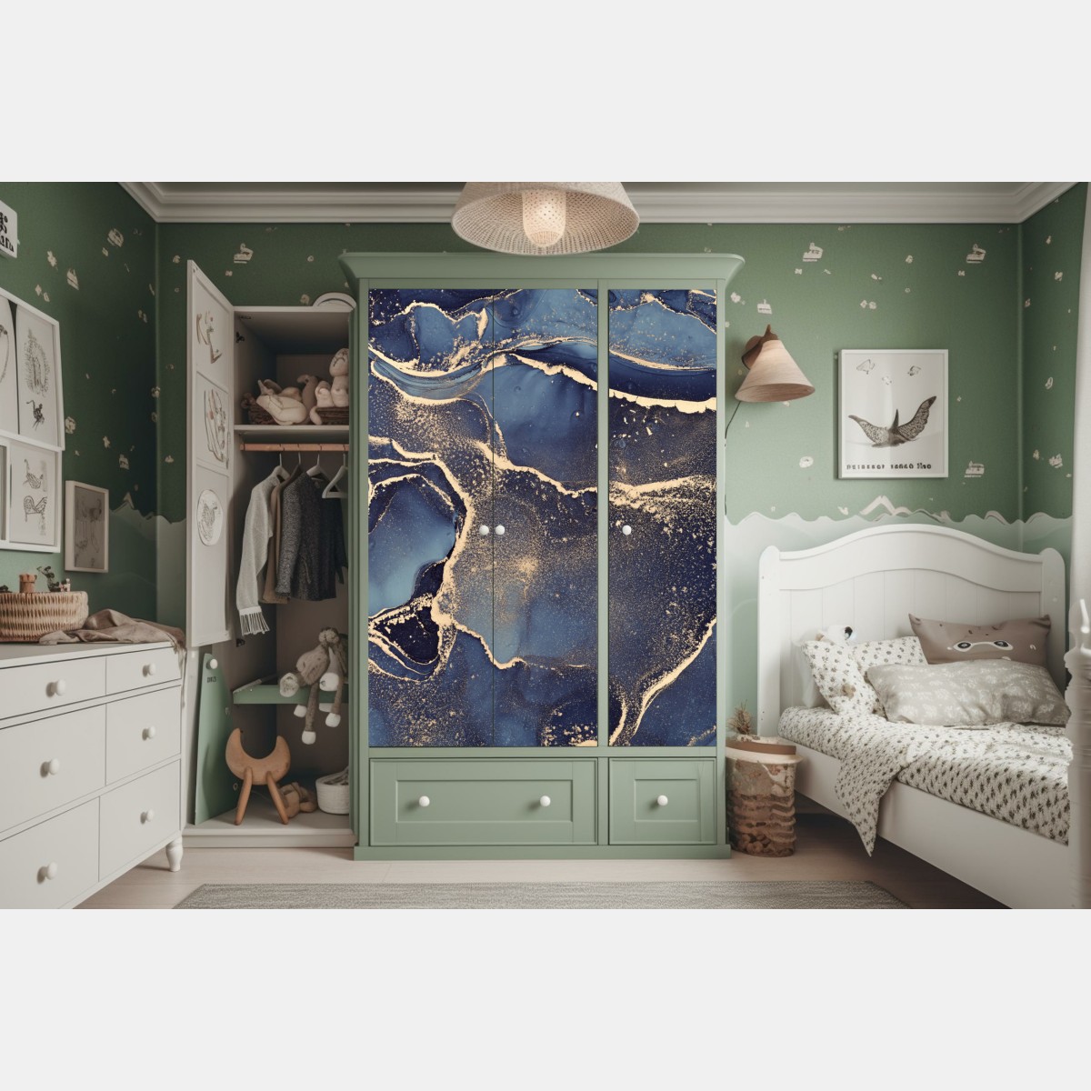 Naklejka na szafę senny abstrakcyjny motyw w granacie i złocie – Wallissimo® Naklejka na szafę senny abstrakcyjny motyw w granacie i złocie – Wallissimo®