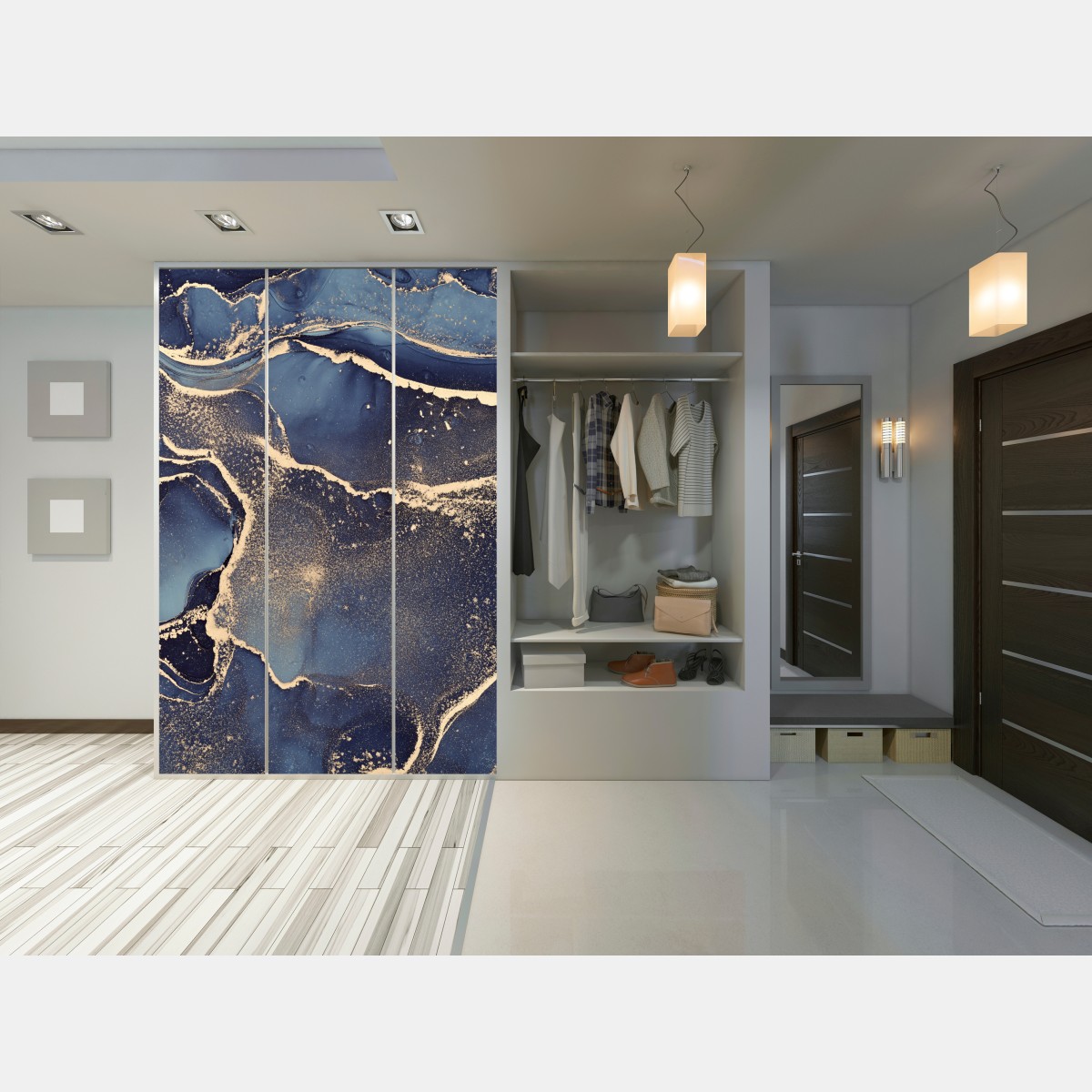 Naklejka na szafę senny abstrakcyjny motyw w granacie i złocie – Wallissimo® Naklejka na szafę senny abstrakcyjny motyw w granacie i złocie – Wallissimo®