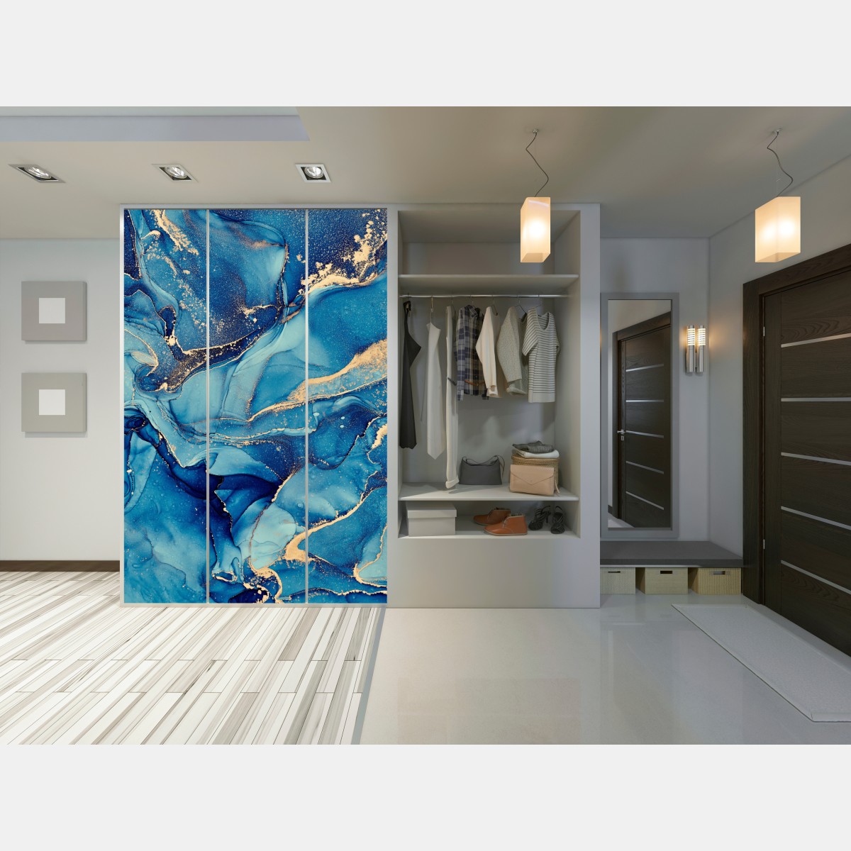 Naklejka na szafę oceaniczny błękit i złote zawirowania – Wallissimo® Naklejka na szafę oceaniczny błękit i złote zawirowania – Wallissimo®