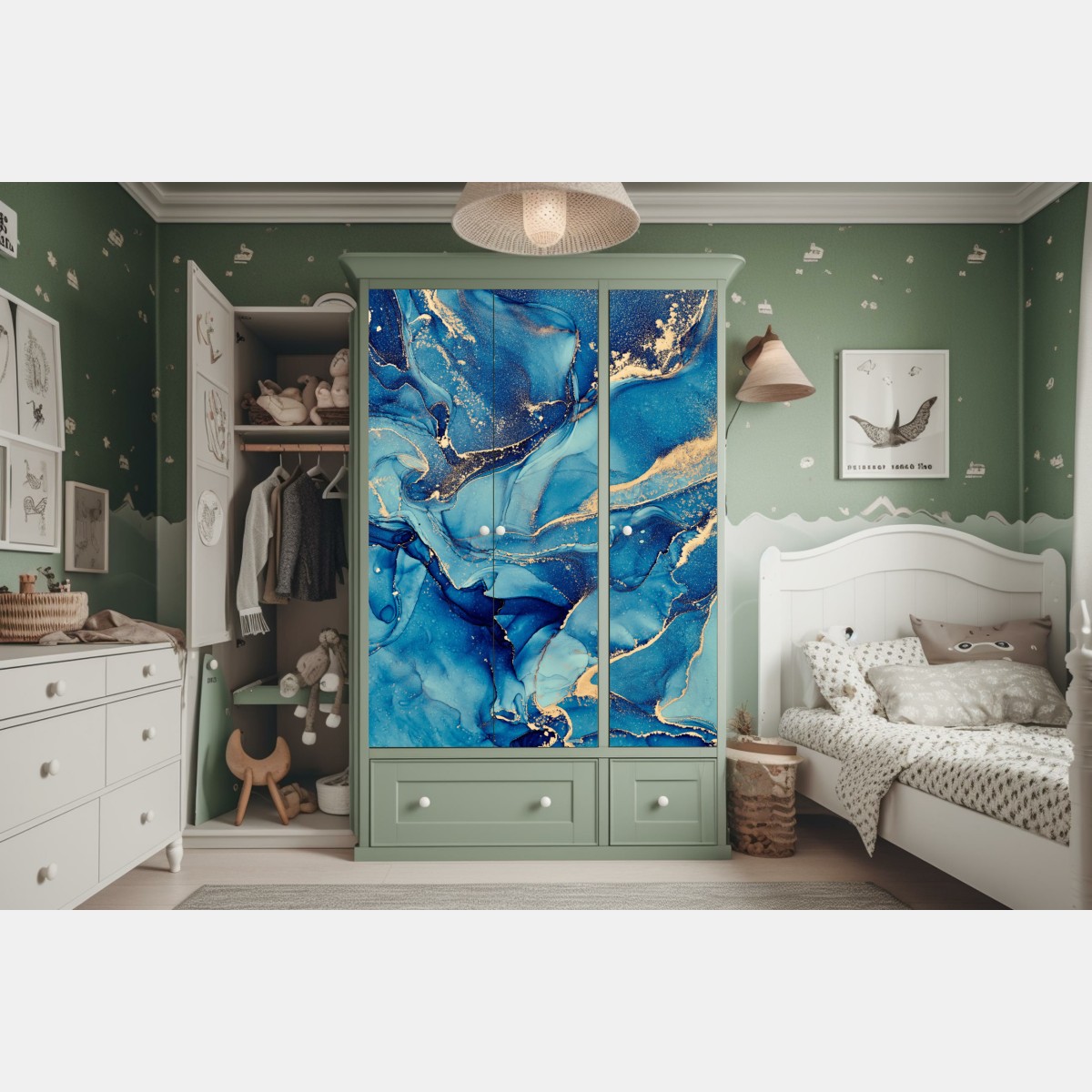 Naklejka na szafę oceaniczny błękit i złote zawirowania – Wallissimo® Naklejka na szafę oceaniczny błękit i złote zawirowania – Wallissimo®