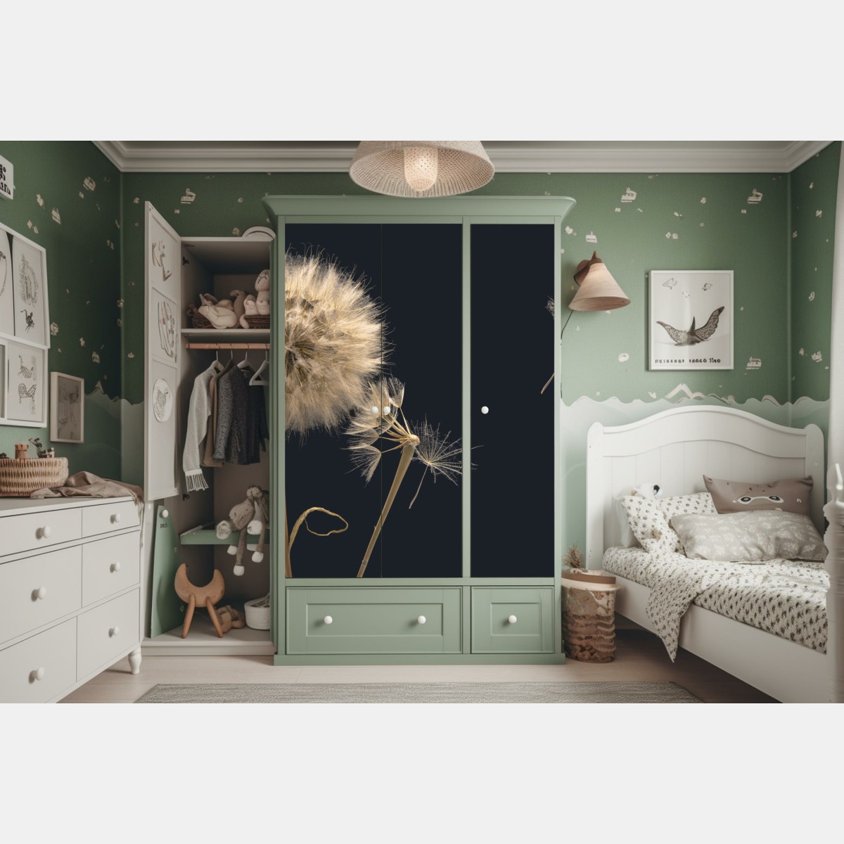 Naklejka na szafę delikatny dmuchawiec na ciemnym tle – Wallissimo® Naklejka na szafę delikatny dmuchawiec na ciemnym tle – Wallissimo®